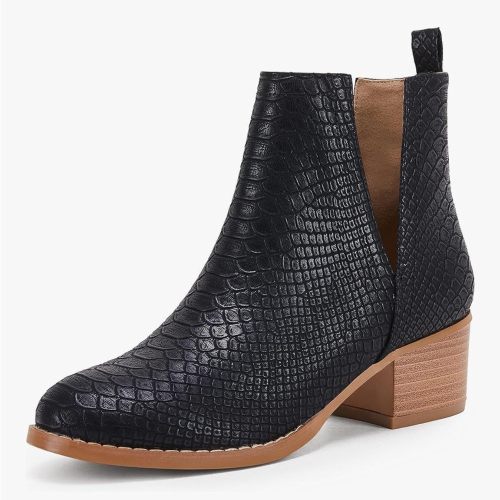 V Cut Stacked Heel Snakeskin Booties